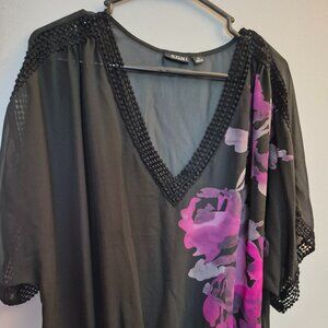 Black Sheer Woman's Top with Pink Roses